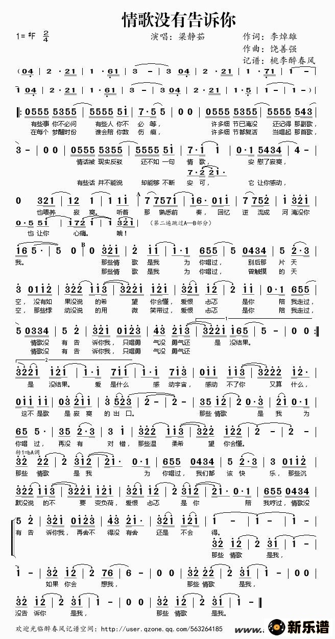 梁静茹《情歌没有告诉你梁静茹》吉他谱F#调简谱1