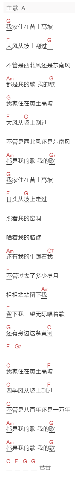 未知歌手《我家住在黄土高坡》吉他谱C调和弦谱(txt)1