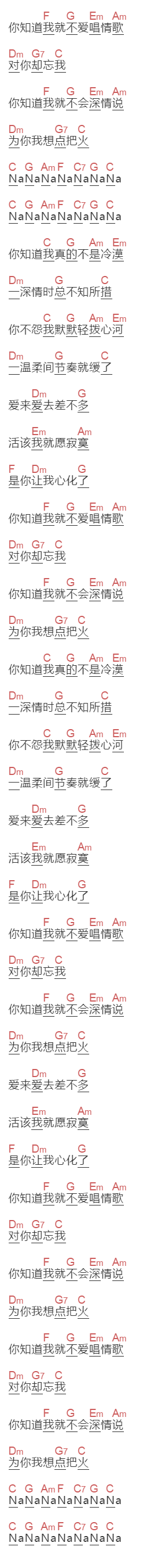 大张伟《我就不爱唱情歌》吉他谱C调和弦谱(txt)1