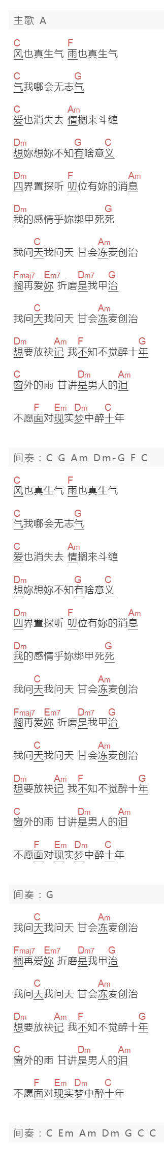翁立友《我问天》吉他谱C调和弦谱(txt)1