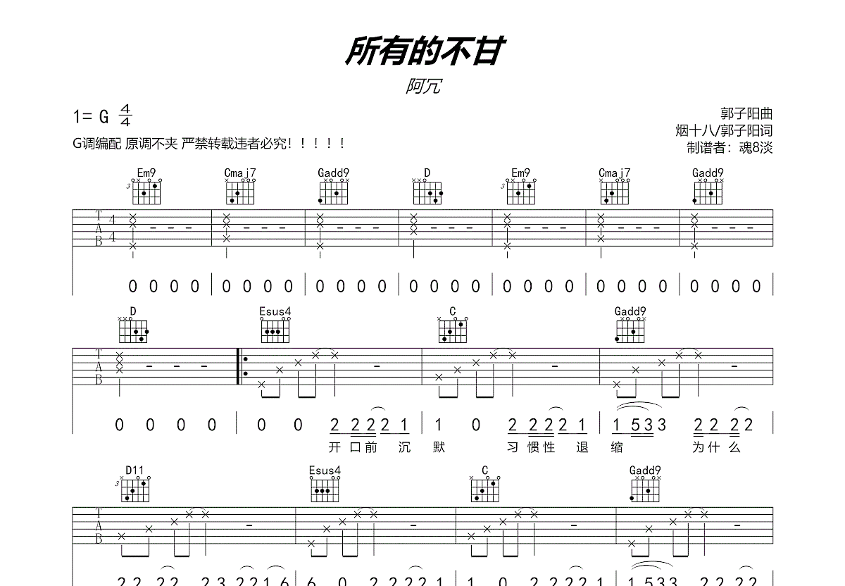 阿冗《所有的不甘》吉他谱G调六线谱(图)1