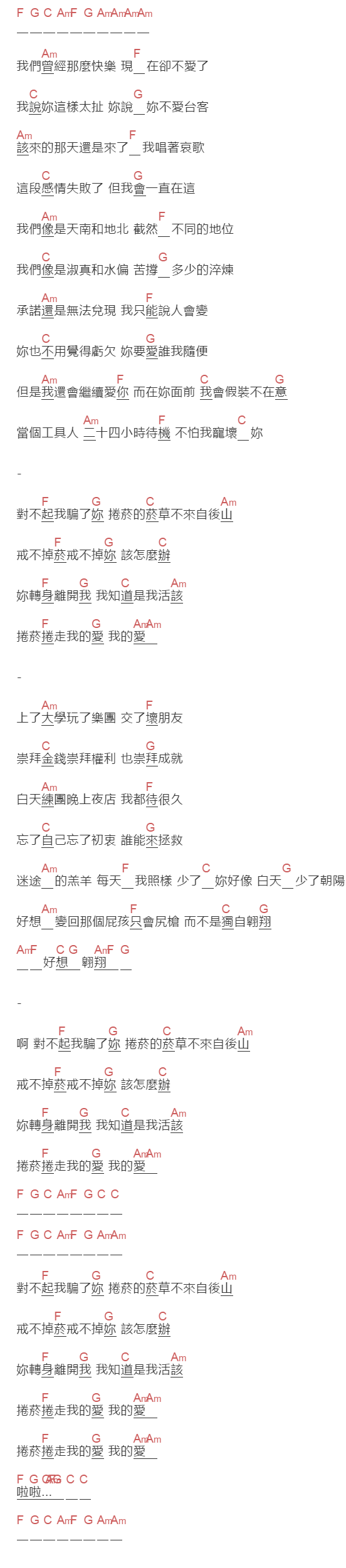 美秀集團 Amazing Show《捲菸》吉他谱C调和弦谱(txt)1