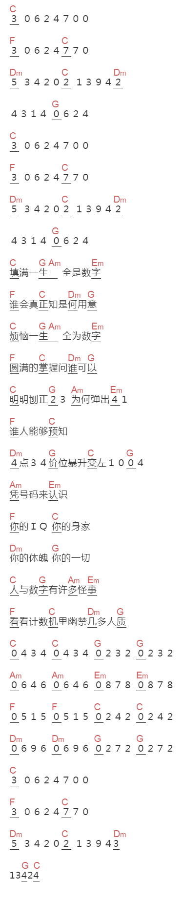 林子祥《数字人生》吉他谱C调和弦谱(txt)1
