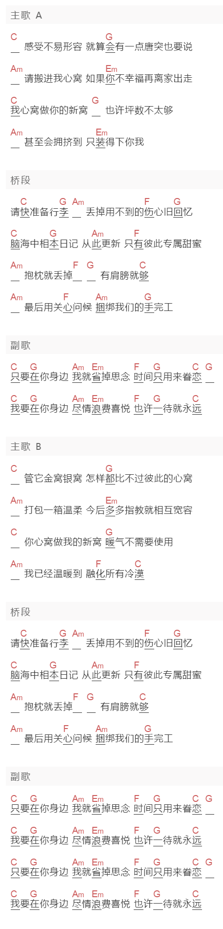 飞轮海,SHE《新窝》吉他谱C调和弦谱(txt)1