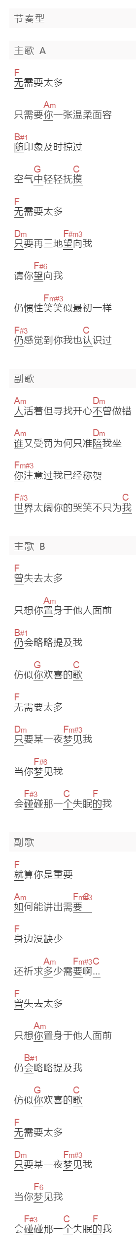 张国荣《无需要太多》吉他谱C调和弦谱(txt)1