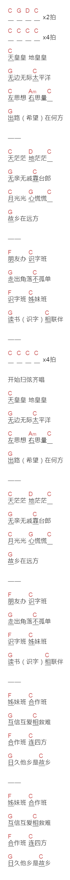 交工乐队《日久他乡是故乡》吉他谱C调和弦谱(txt)1