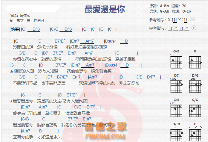 唐禹哲《最爱还是你》吉他谱C调和弦谱(txt)1