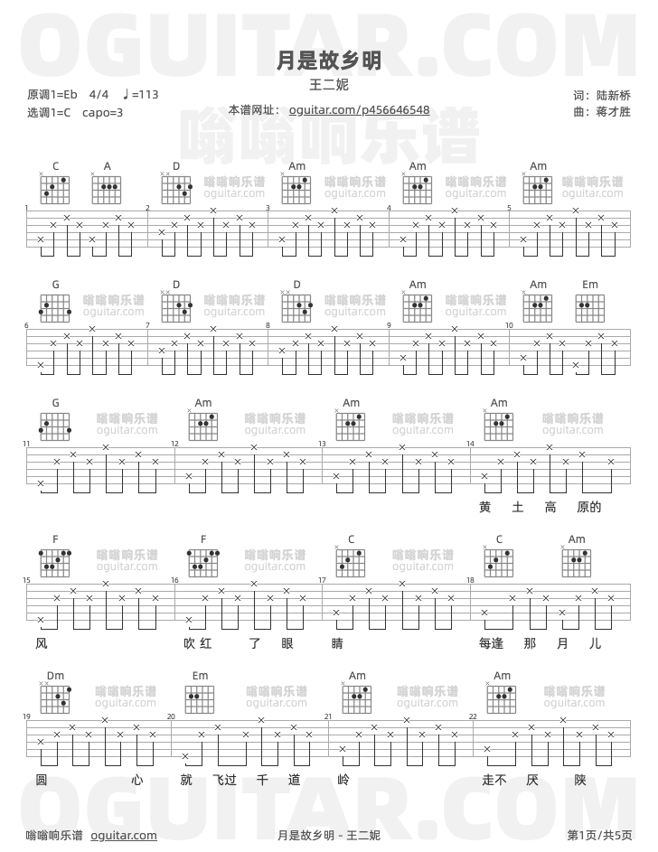 王二妮《月是故乡明》吉他谱C调六线谱(图)1