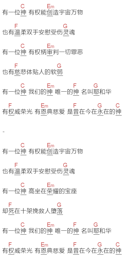 赞美之泉《有一位神》吉他谱C调和弦谱(txt)1