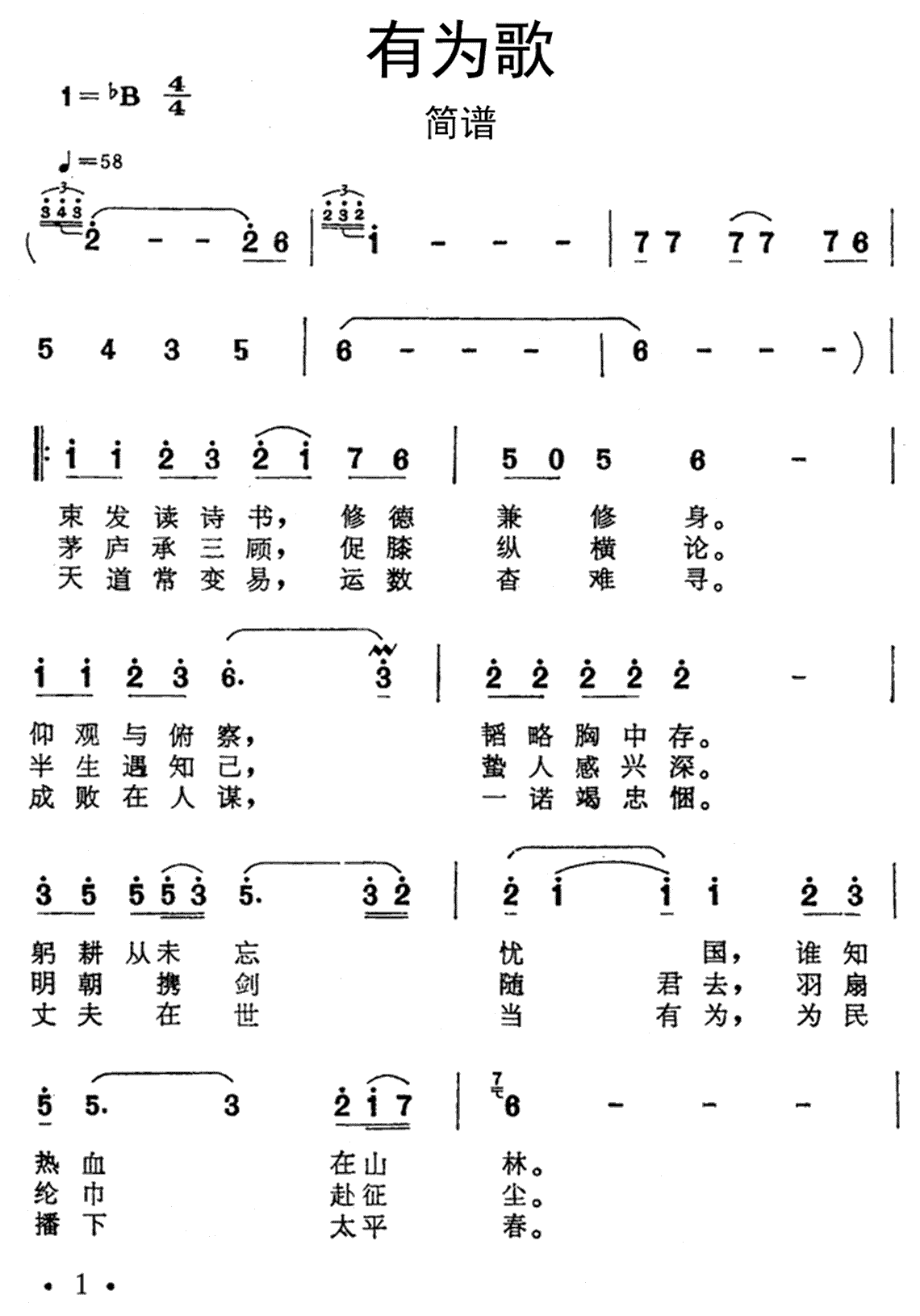戴建明《有为歌》吉他谱Bb调简谱1