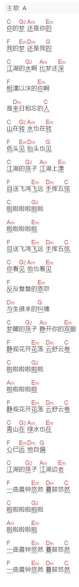 秘密后院《梦生》吉他谱C调和弦谱(txt)1