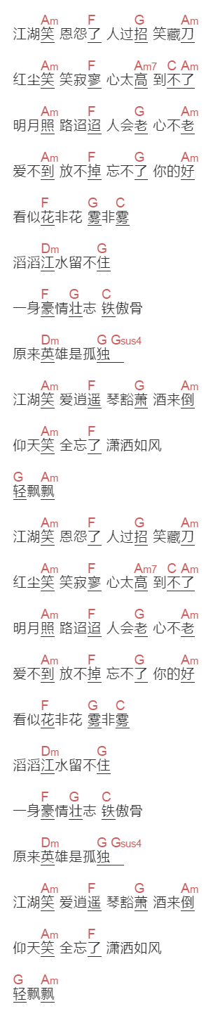 周华健《江湖笑》吉他谱C调和弦谱(txt)1
