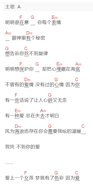 林俊杰《海底之心》吉他谱C调和弦谱(txt)1