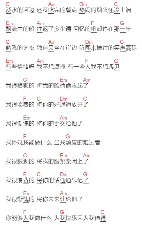 戴佩妮《淡水河边》吉他谱C调和弦谱(txt)1
