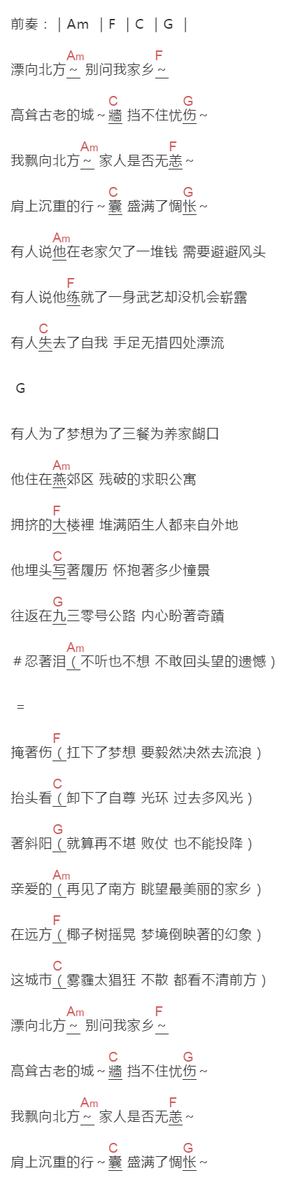 邓紫棋《漂向北方》吉他谱C调和弦谱(txt)1