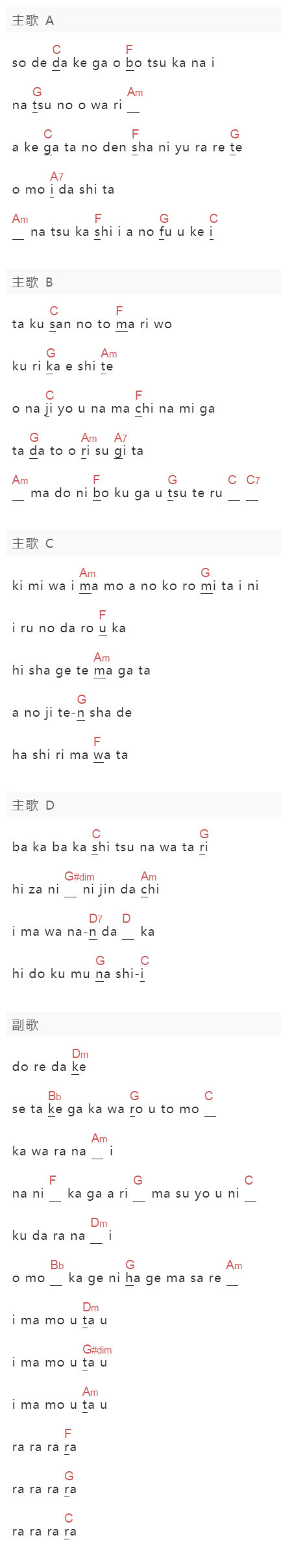 米津玄师《灰色と青灰色与青》吉他谱C调和弦谱(txt)1