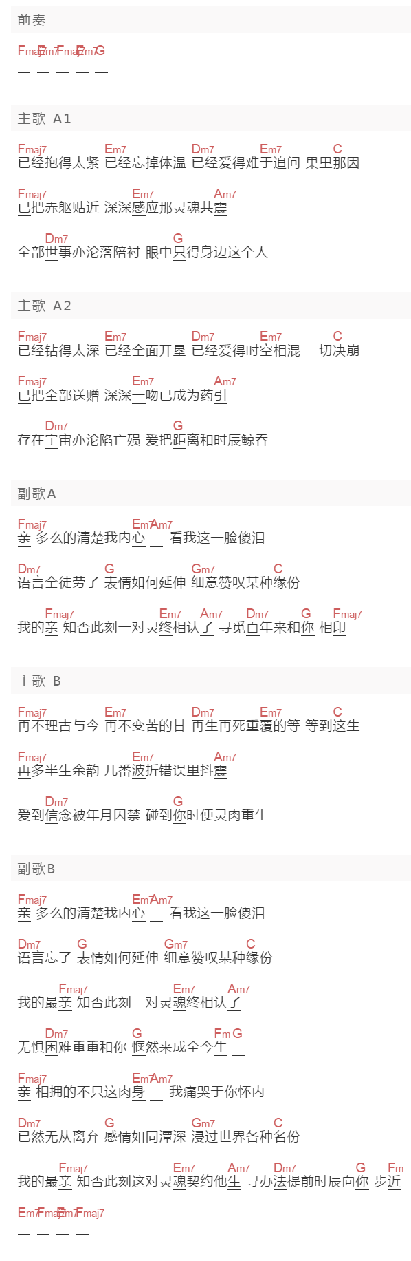 吴茂利《灵魂相认》吉他谱C调和弦谱(txt)1