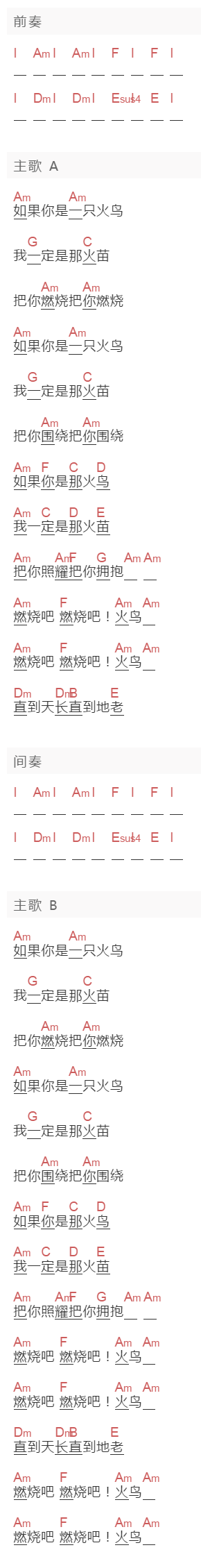 高凌风《燃烧吧火鸟》吉他谱C调和弦谱(txt)1