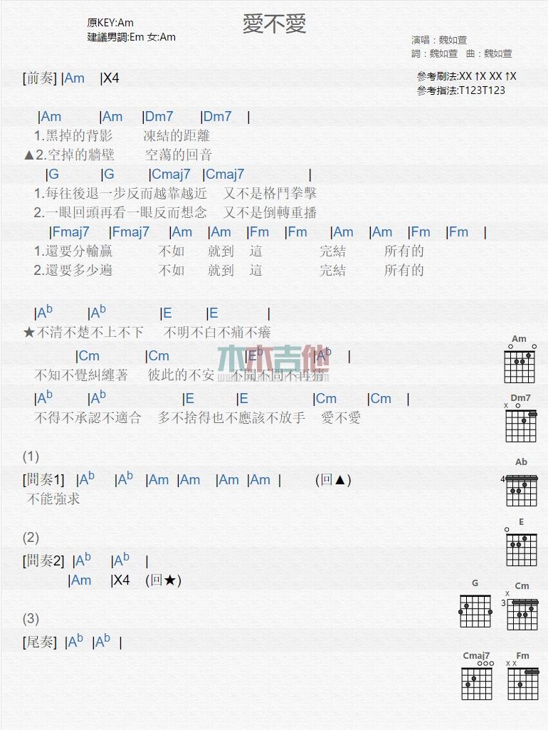 魏如萱《爱不爱》吉他谱C调和弦谱(txt)1