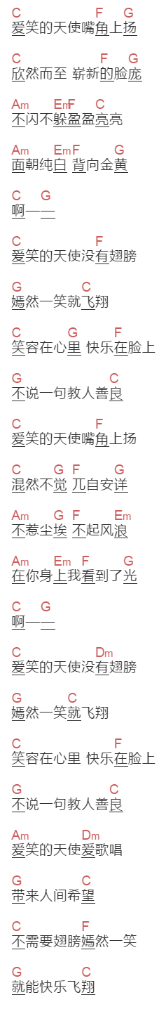 王菲《爱笑的天使》吉他谱C调和弦谱(txt)1