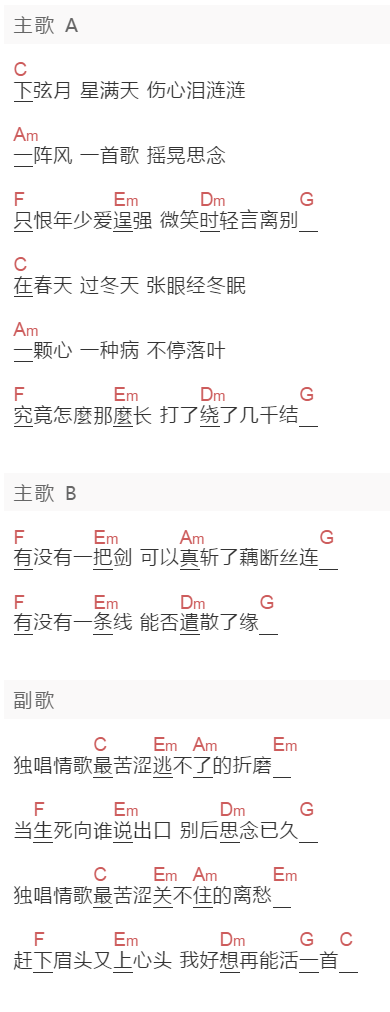 Tank《独唱情歌》吉他谱C调和弦谱(txt)1