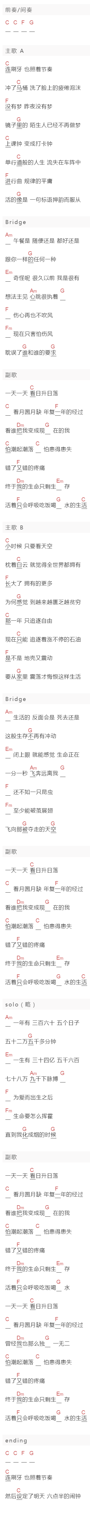 五月天《生存以上生活以下》吉他谱C调和弦谱(txt)1