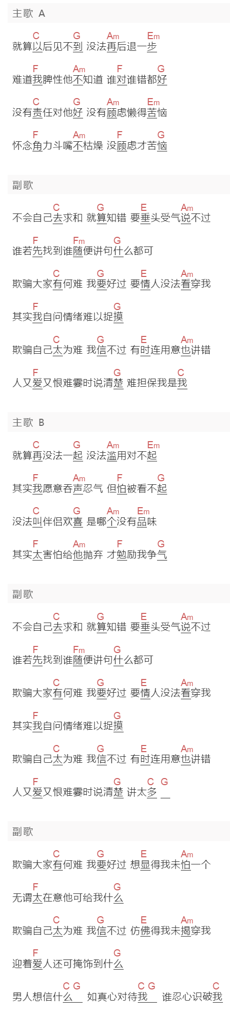 卫兰,JW《男人信什么》吉他谱C调和弦谱(txt)1