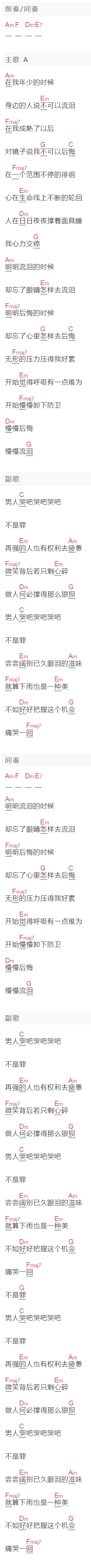 刘德华《男人哭吧哭吧不是罪》吉他谱C调和弦谱(txt)1