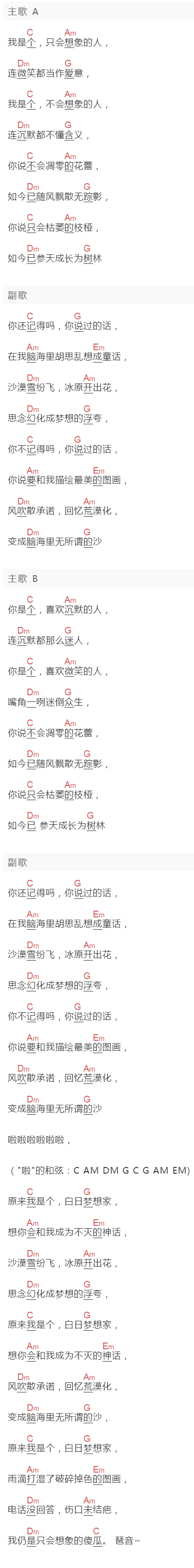 徐锦辉《白日梦想家》吉他谱C调和弦谱(txt)1