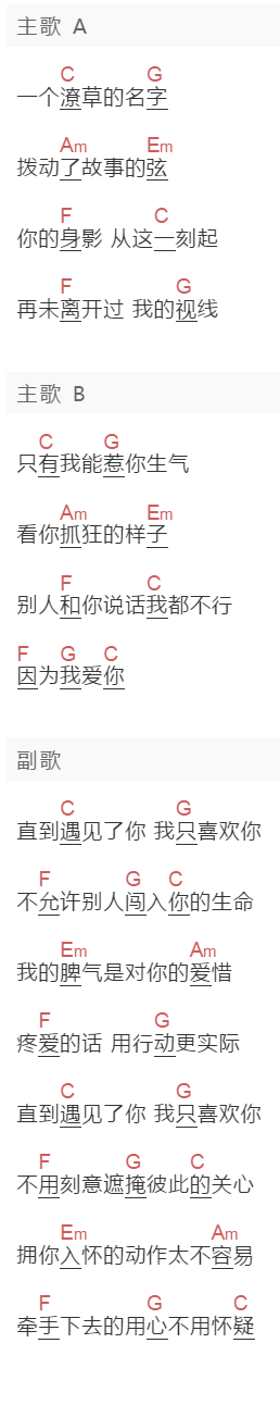 陈柯宇《直到遇见了你 我只喜欢你》吉他谱C调和弦谱(txt)1