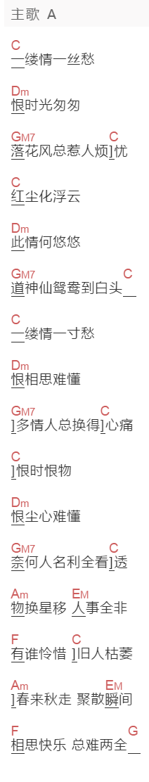 熊天平《相思无解》吉他谱C调和弦谱(txt)1