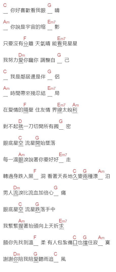 李聖傑《眼底星空》吉他谱C调和弦谱(txt)1