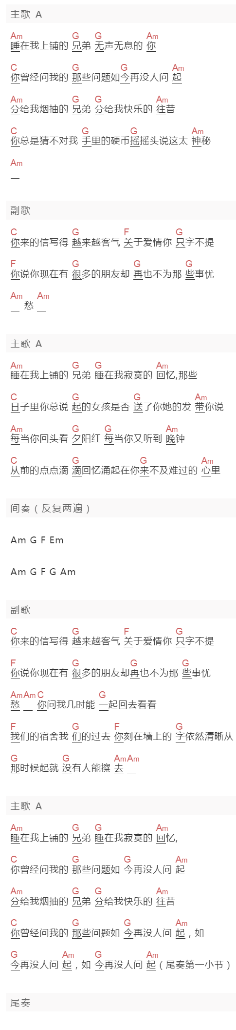 老狼《睡在上铺的兄弟》吉他谱C调和弦谱(txt)1
