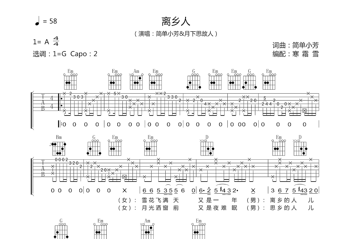 简单小芳,月下思故人《离乡人》吉他谱G调六线谱(图)1