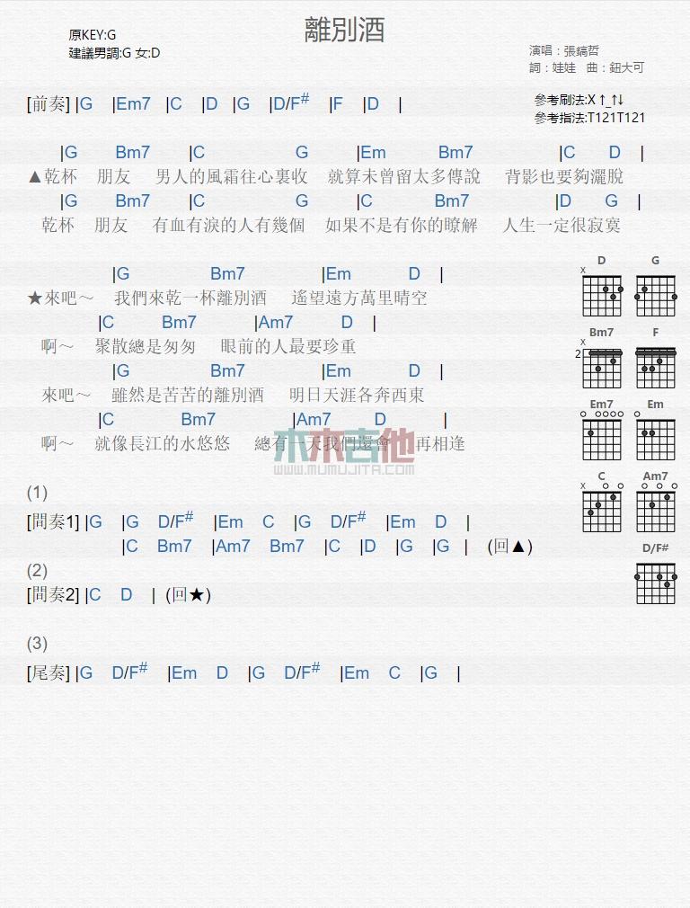张镐哲《离别酒》吉他谱C调和弦谱(txt)1