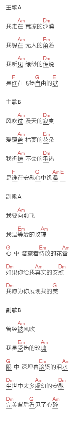 凤凰传奇《等爱的玫瑰》吉他谱C调和弦谱(txt)1