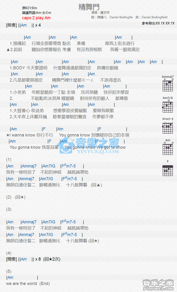 罗志祥《精舞门》吉他谱C调和弦谱(txt)1
