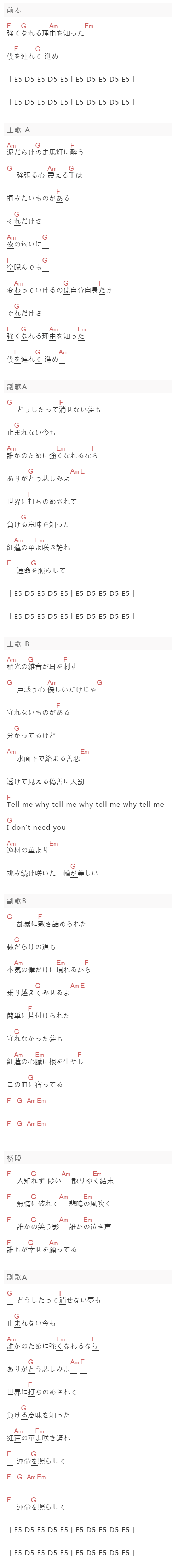 《紅蓮華》吉他谱C调和弦谱(txt)1