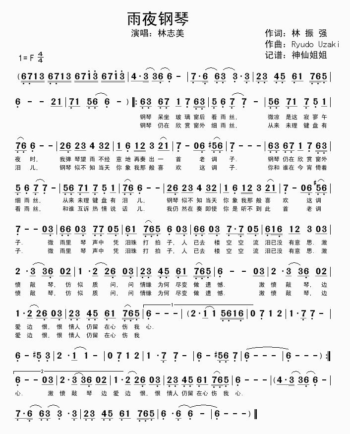 林志美《雨夜钢琴》吉他谱C调简谱1