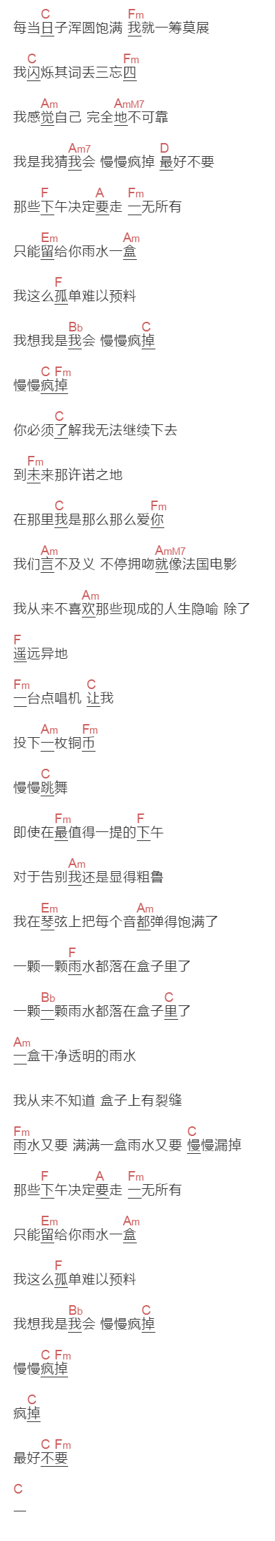 陈绮贞《雨水一盒》吉他谱C调和弦谱(txt)1