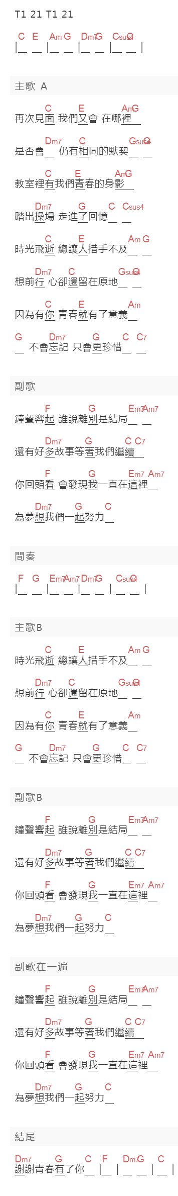 蔡佩軒《青春有你》吉他谱C调和弦谱(txt)1