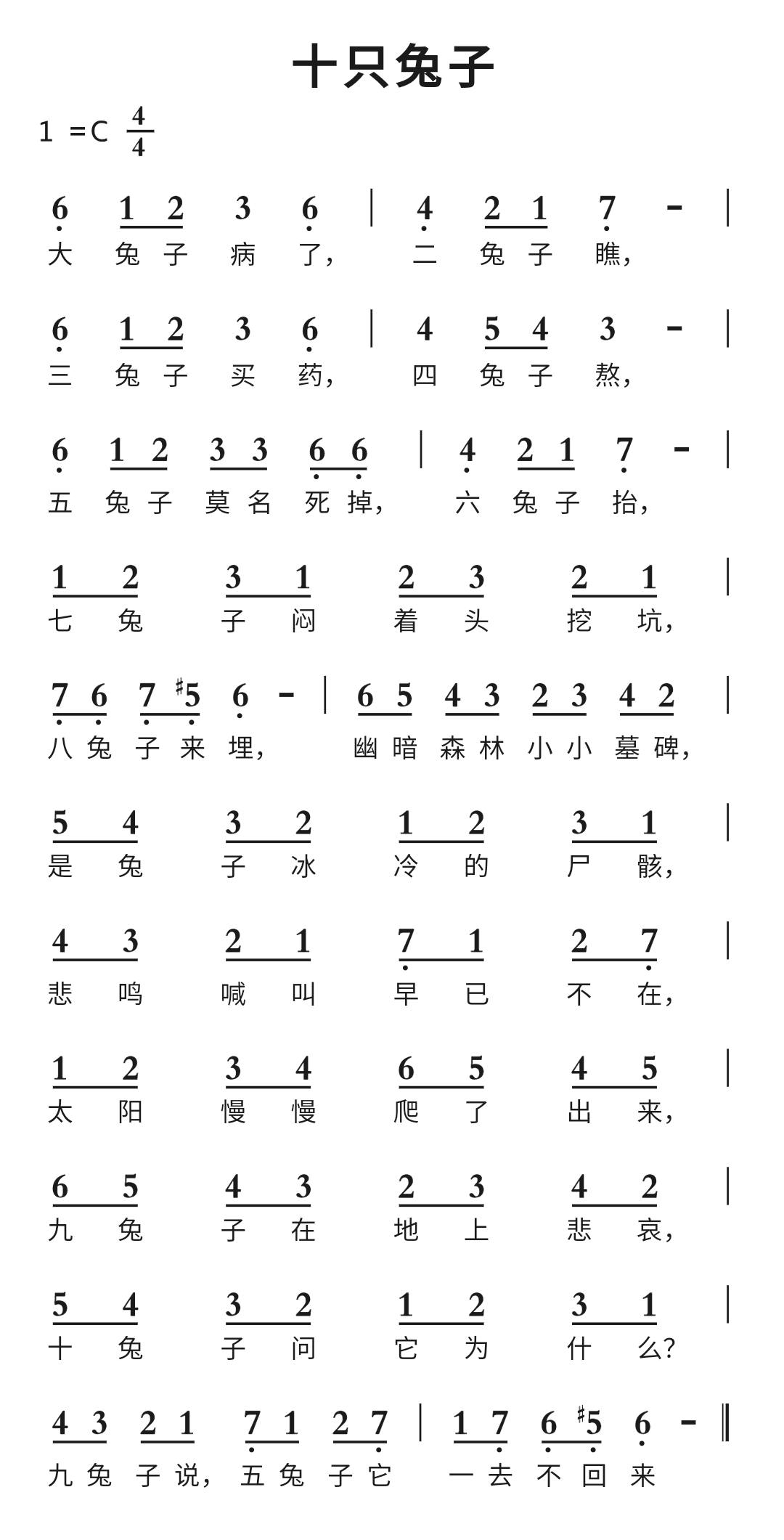 《十只兔子》吉他谱C调简谱1