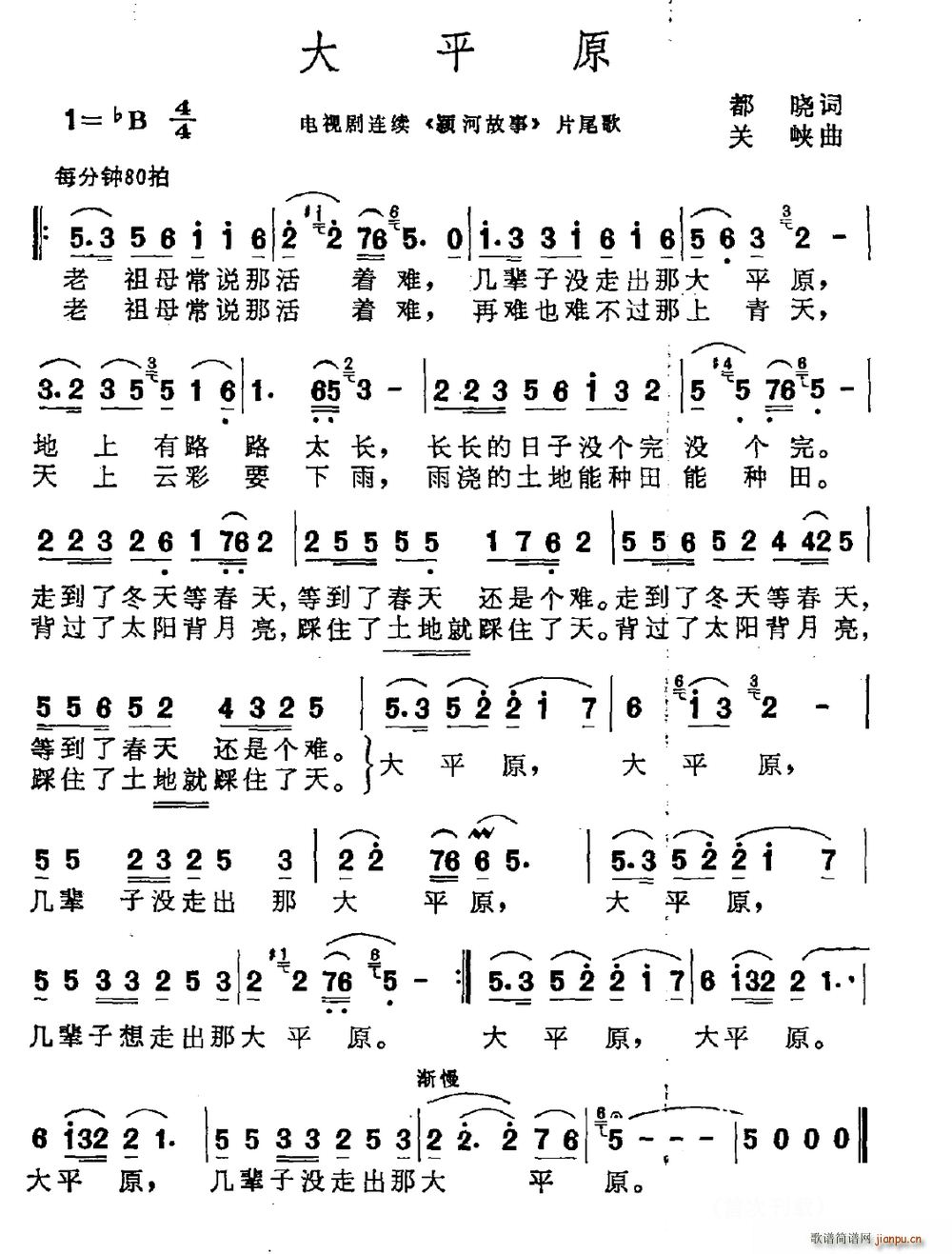 《大平原》吉他谱C调简谱1