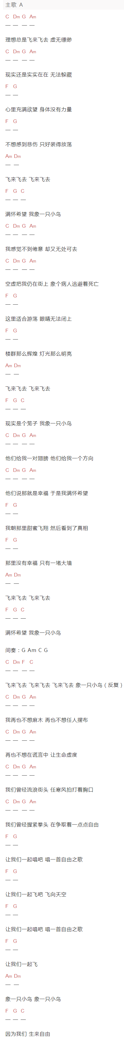 鲍家街《小鸟》吉他谱C调和弦谱(txt)1