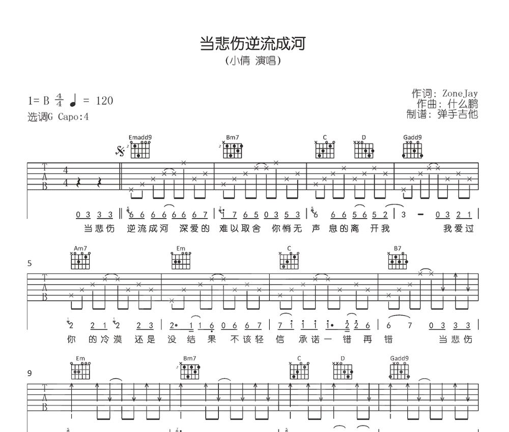 《当悲伤逆流成河》吉他谱C调六线谱(图)1