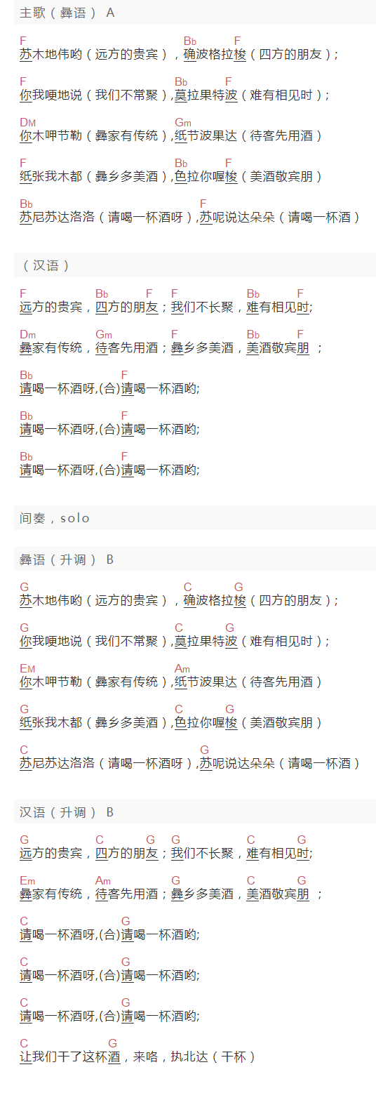 《彝族敬酒歌》吉他谱C调和弦谱(txt)1