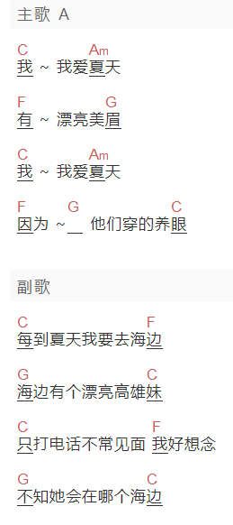 脱拉库《我爱夏天》吉他谱C调和弦谱(txt)1