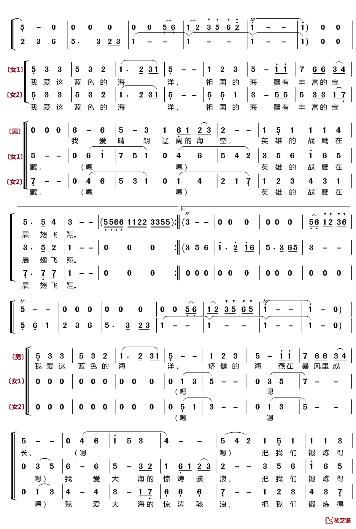 《我爱这蓝色的海洋》吉他谱C调简谱1
