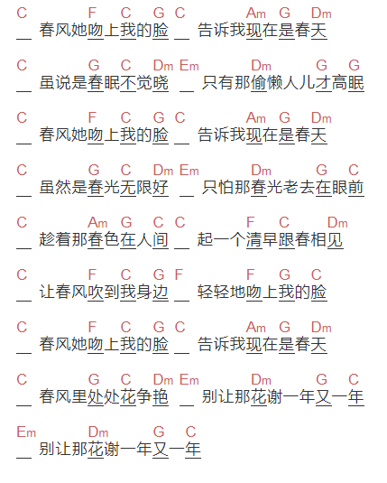 姚丽《春风吻上我的脸》吉他谱C调和弦谱(txt)1