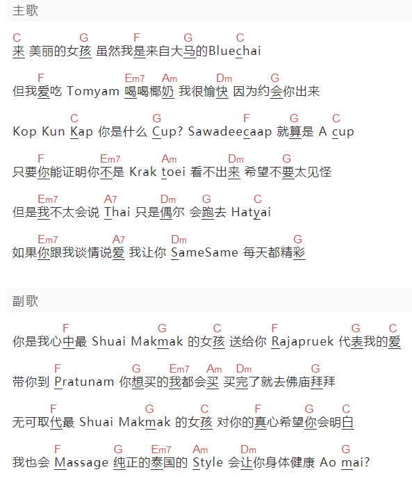 黄志明《泰国情哥》吉他谱C调和弦谱(txt)1
